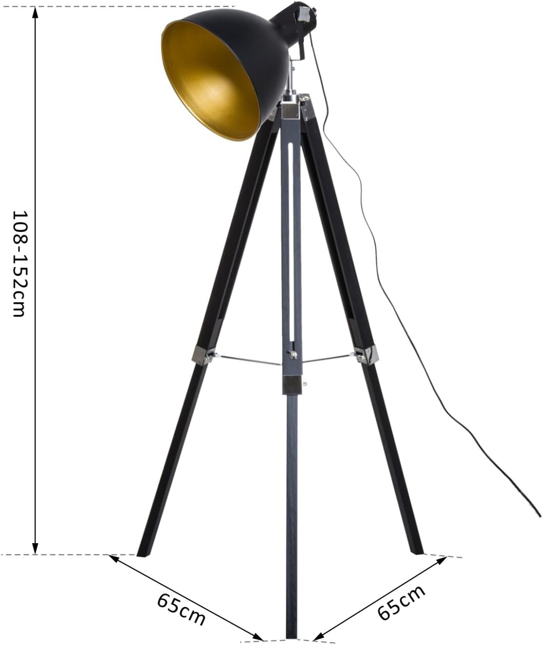 HOMCOM Industrial Floor Lamp for Living Room Tripod Spotlight Reading Lamp w/Wood Legs Metal Shade Adjustable Height Angle for Bedroom Home Office Black and Gold - Image 3