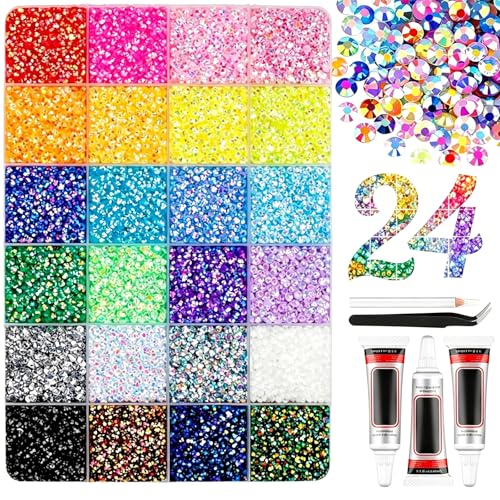 24000Pcs 24 Colors Resin Jelly Rhinestones Kit for Bedazzling, Mix Color Flatback Gems Kit with Rhinestones, 3MM SS10 Colorful Bedazzling Gems with Jewelry Glue for Crafting Nail Art Shoes Books