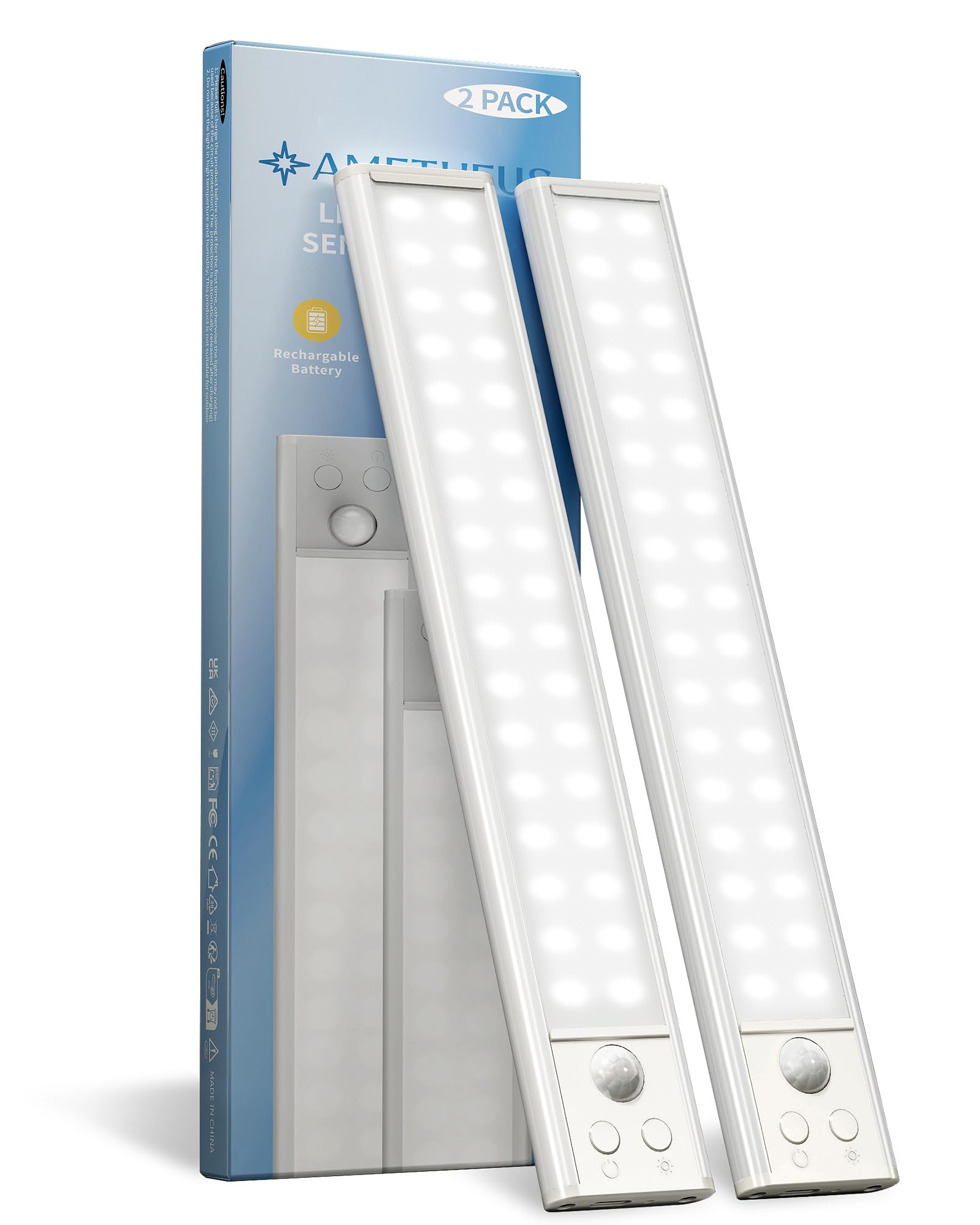 Photo 1 of AMETHEUS 10inch Under Cabinet Lights, Motion Sensor Light Indoor, Wireless Closet Lights, 1800mAh Rechargeable Battery, Magnetic, 5 Levels Dimmable, Under Counter Lights for Kitchen, Bathroom (2 Pack)