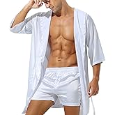 YUFEIDA Mens Satin Robe Silky Bathrobe with Shorts Lightweight Sleepwear Luxurious Pyjama Set Hooded Nightgown with Shorts