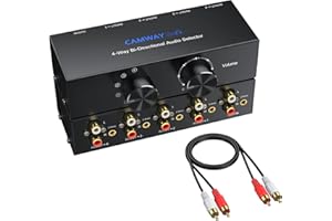 CAMWAY Professional 3.5mm RCA Audio Switcher - 1X4, 4X1 Bi-Directional Stereo Audio Switch Selector Box with Volume Off Knob,