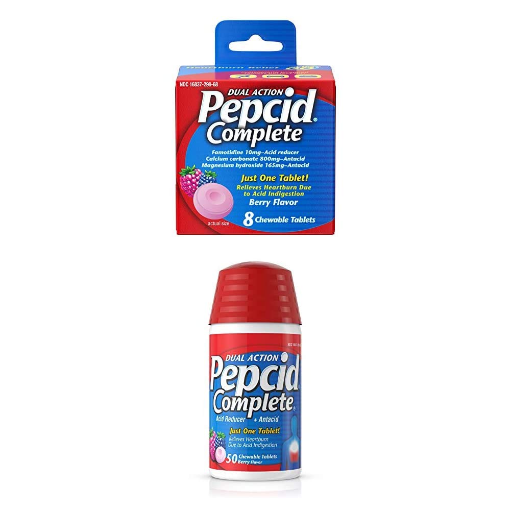Pepcid Complete Dual Action Acid Reducer + Antacid Chewable Tablets, Berry Flavor, 8 ct with Acid Re