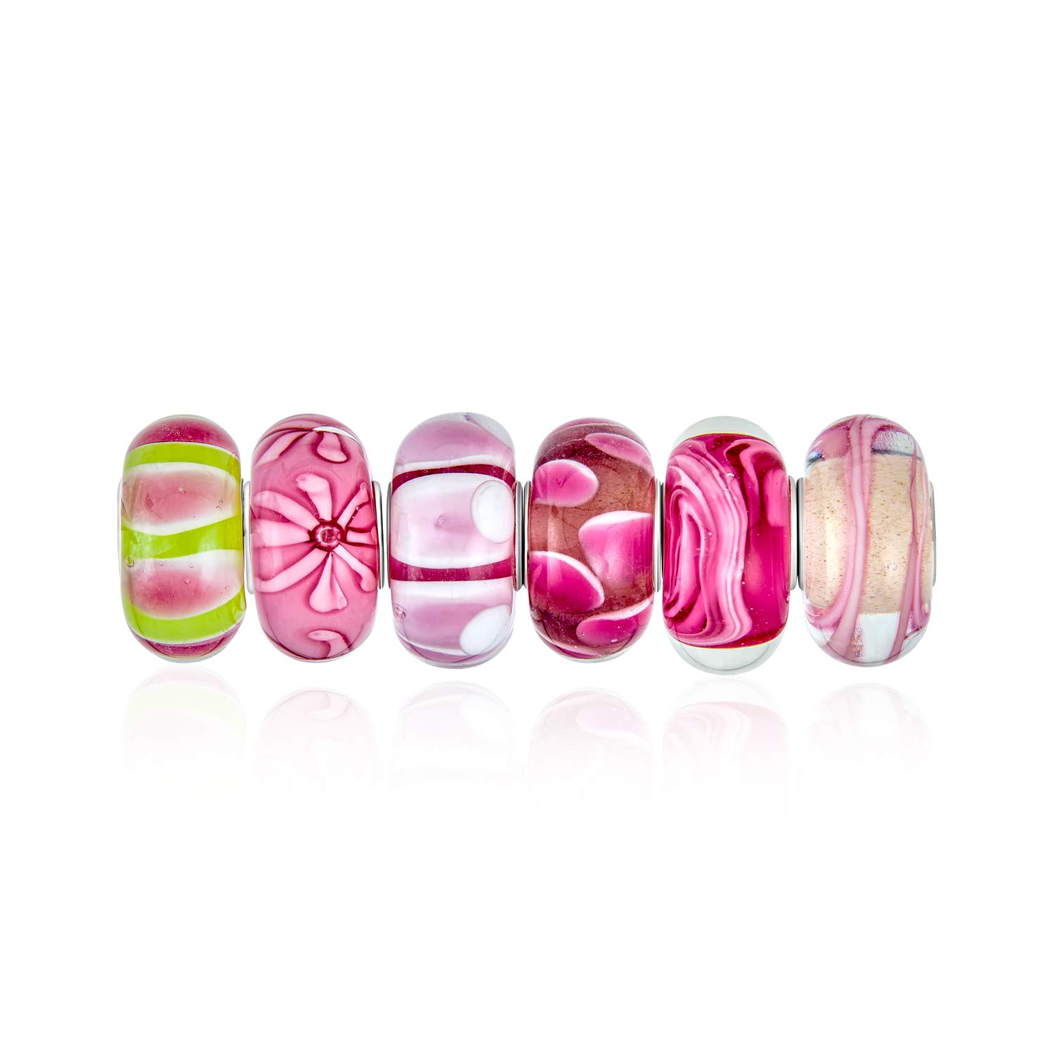 Bling Jewelry Mixed Set Of Bundle .925 Sterling Silver Core Translucent Shades Of White Green Pink Stripe Floral Murano Glass Swirl Charm Bead Spacer Fits European Bracelet For Women Teen
