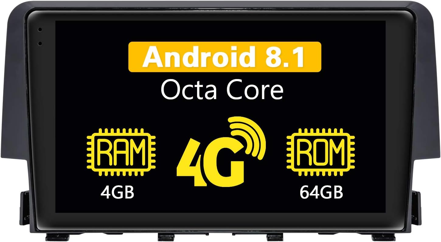JOYING Car Stereo Android 8.1 4GB + 64GB 9" 2.5D IPS Touchscreen GPS Navigation Support 4G SIM Card(Not Included)/Android Auto/DSP/SPDIF for Honda Civic 2016 2017