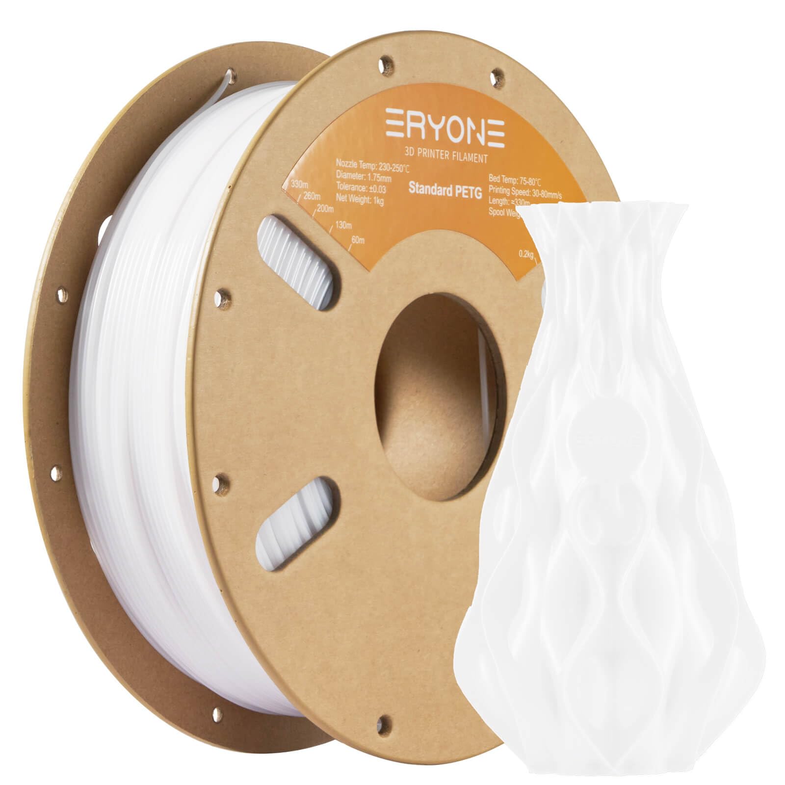 ERYONE PETG Filament 1,75 mm, 3D Printer Filament PETG, +/- 0,03 mm, 1 kg/Spool,White