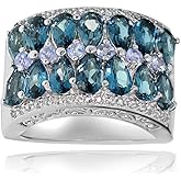 Ice Gems Sterling Silver Genuine Tanzanite, London Blue and White Topaz 2-Row Ring