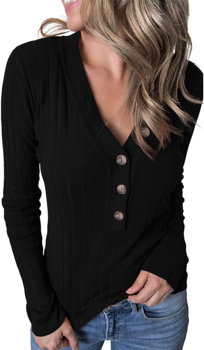 YIBOCK Women Long Sleeve Henley Shirts V Neck Button Down Ribbed Knit