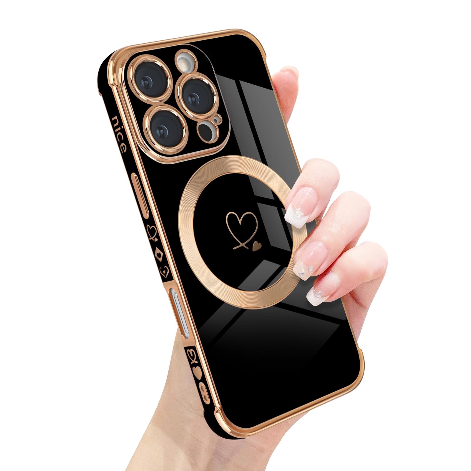 Newseego Magnetic Phone Case for iPhone 16 Pro [Compatible with Magsafe], Cute Love Heart Pattern Girls Women Soft TPU Shockproof Camera Protection Cover for iPhone 16 Pro-Black