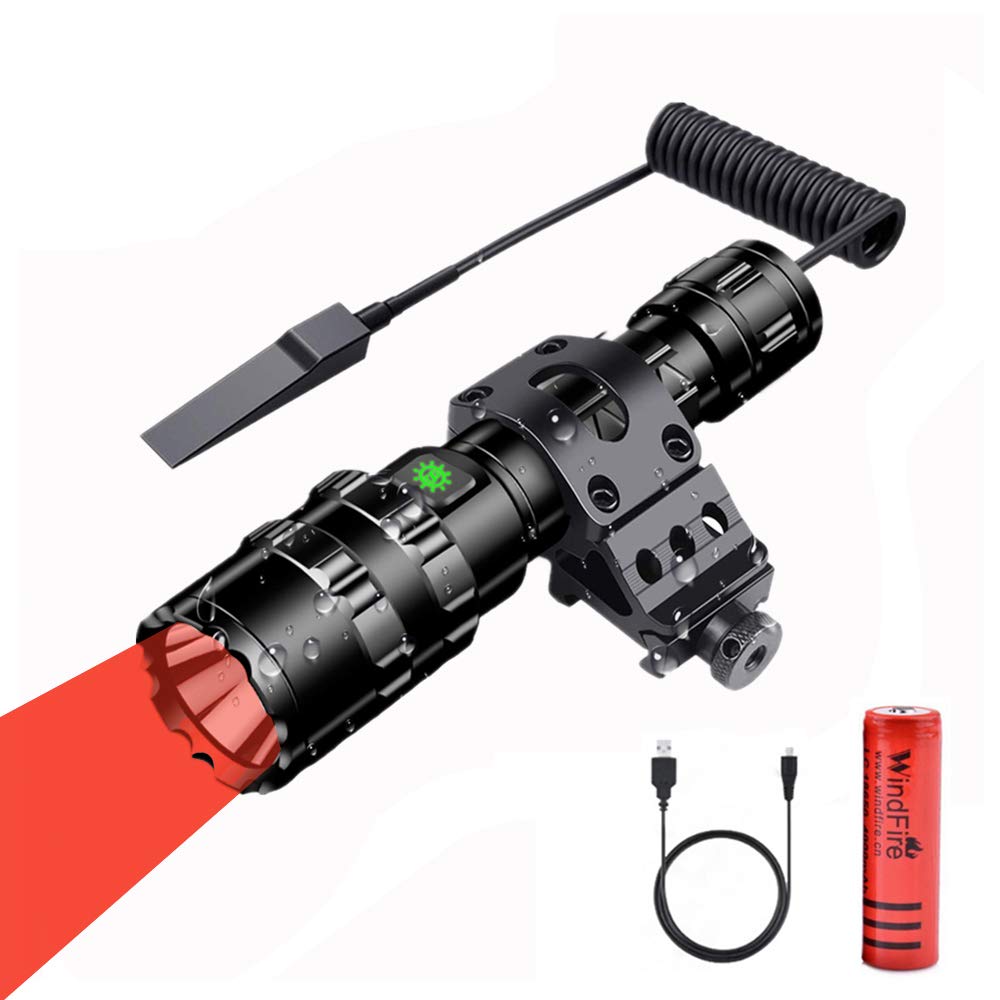 WindFire Torch LED Rechargeable, Red Light Tactical Torches Super Bright 5000 Lumen, 5 Light Modes, Waterproof Hunting Red Flashlight for Coyote, Hog, Fox, Predator with Remote Pressure Switch