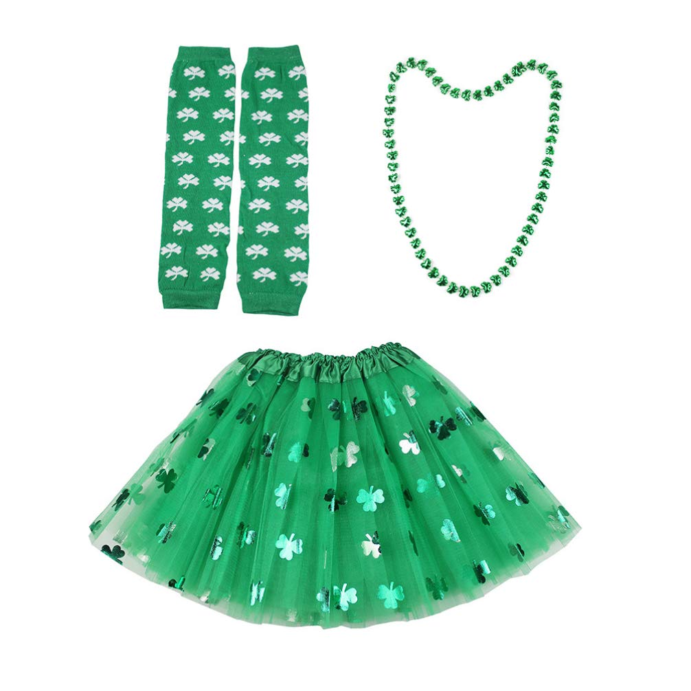 SOIMISS St. Patricks Day Costume Accessories Green Clover Mesh Skirt Shamrock Arm Sleeve Beaded Necklace Set Fancy Dress Up for Adults Party Cosplay Supplies