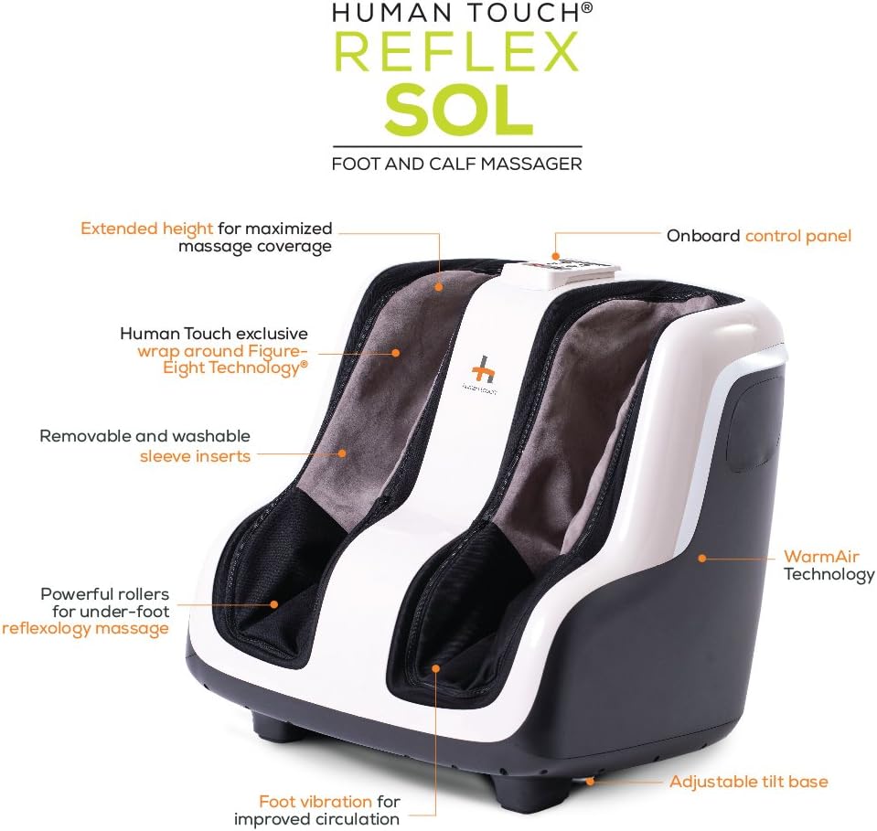 Human Touch Reflex SOL Foot and Calf Relaxation Shiatsu Massager with Heat and Vibration- Patented Technology - Extended Height, Adjustable Tilt Base with Under Foot Massage Rollers, Black and White: Kitchen & Dining