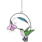 Lolitarcrafts Stained Glass Hummingbird Window Hangings with Flowers, Bird Stained Glass Suncatcher for Window Decor Hummingbird Gifts for Mom,Bird Lovers (Green with Flower A)