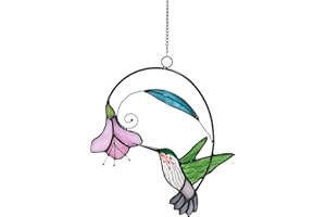 Lolitarcrafts Stained Glass Hummingbird Window Hangings with Flowers, Bird Stained Glass Suncatcher for Window Decor Hummingbird Gifts for Mom,Bird Lovers (Green with Flower A)