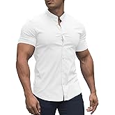 URRU Men's Muscle Dress Shirts Slim Fit Stretch Banded Collar Long&Short Sleeve Casual Button Down Shirt