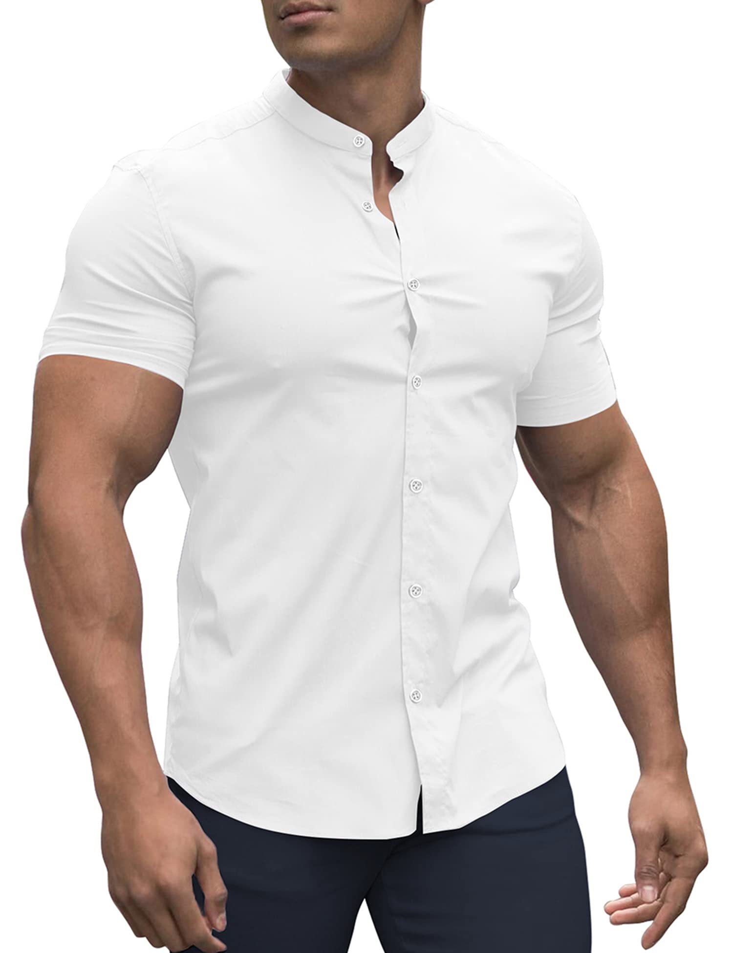 Photo 1 of URRU Men's Muscle Dress Shirts Slim Fit Stretch Banded Collar Short Sleeve Casual Button Down Shirt White S