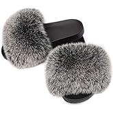 Jancoco Max Real Fox Fur Slides for Women - Fluffy Fur Slippers Open Toe Flat Sandals for Outdoor
