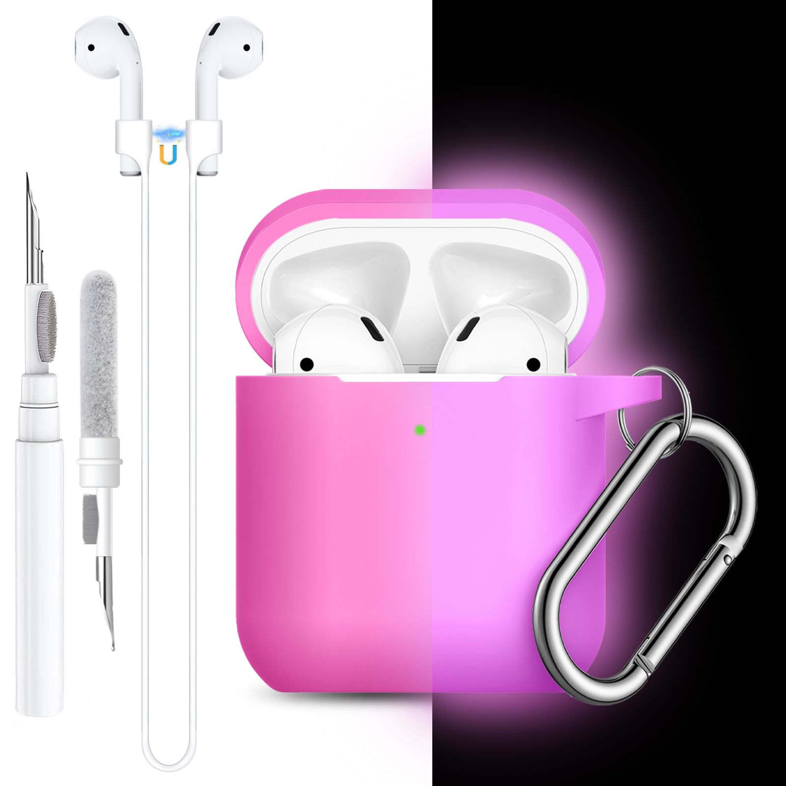 Photo 1 of Lerobo for Airpod Case Cover, with Cleaner Kit and Magnetic Strap Anti-Lost Cord Sports Lanyard,Soft Slicone Cover Compatible with Apple AirPods 2nd 1st Generation Charging Case,Nightglow Pink