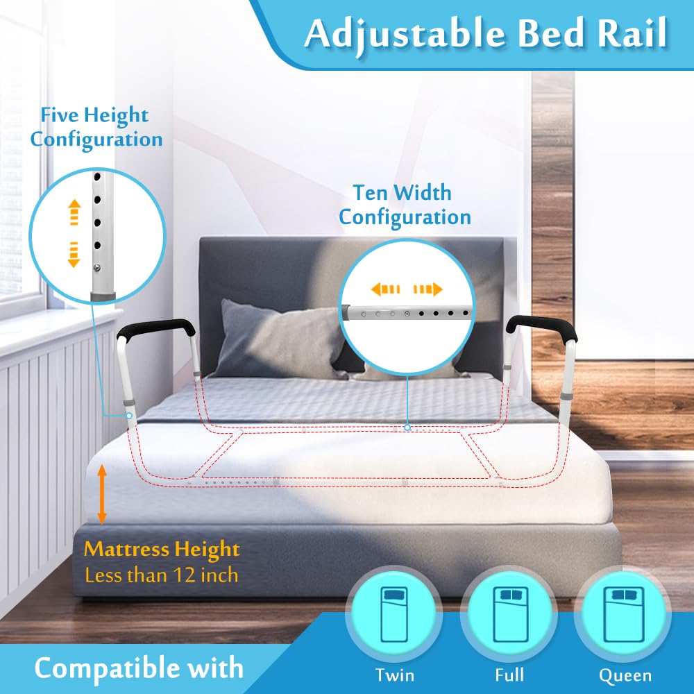 Mybow Double Bed Rail, U Bar for Medical Bedside Safety Assisting Rails, Railing Support for Elderly Adults Under Mattress Handrail, Hospital Dual Bed Rails for Seniors Twin Full Queen Adjustable Rail