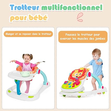 Jouets Avec Lumieres Aide De Marche Avec Roues Silencieuses Pour Enfants Des 6 Mois Transformable En Pousseur Avec Plateau A Manger Siege Et Dossier Rembourres Goplus 4 En 1 Trotteur Bebe Musical