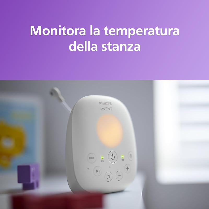 Philips Avent DECT Audio Baby Monitor luce notturna e ninne nanne, comunicazione bidirezionale, portata di 330 m, autonomia wireless fino a 18 ore, sensore di temperatura, audio nitido, SCD713/26
