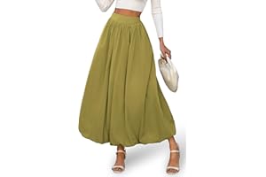 ELLEVEN Women's Bubble Maxi Fall Winter Skirt, Elastic Waist Puffy Hem A-Line Skirt with Pockets