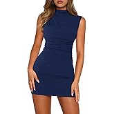 Pungdra Women's Sexy Mock Neck Dress for Women Sleeveless Ruched Bodycon Dresses Turtle Neck Cocktail Party Mini Dress