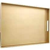 SforGUVA Gold Serving Tray for Coffee Table, Rectangular Plastic Decorative Tray with Handles for Entertaining, Outdoor Patio, Living Room, Ottoman, Bathroom Counter, 11.8”*15.7”*1.6”