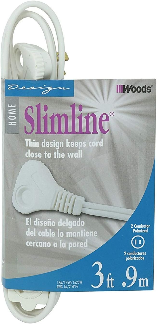 SlimLine 2235 Indoor Flat Plug Extension Cord, 3 Foot Cord, Right Angled Plug, 16 gauge, 3 Polarized Outlets, 125 Volts, Space Saving Design, Neutral White Color, UL and CUL Listed… - - 