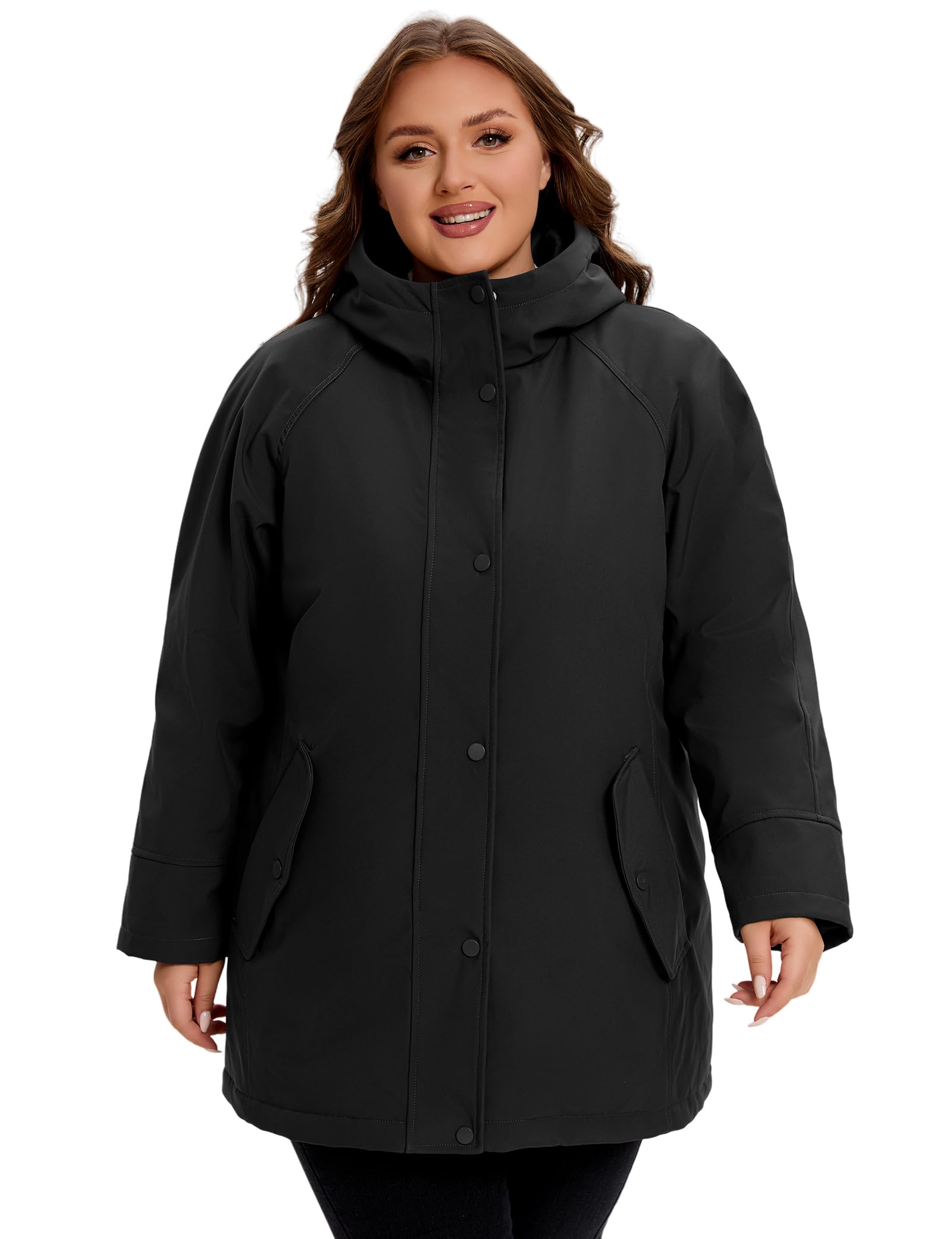 Photo 1 of WINDMILL Womens Plus Size Softshell Jacket, Warm Windbreaker Coat with Hood Mid-length Winter Coat, Balck, 6X