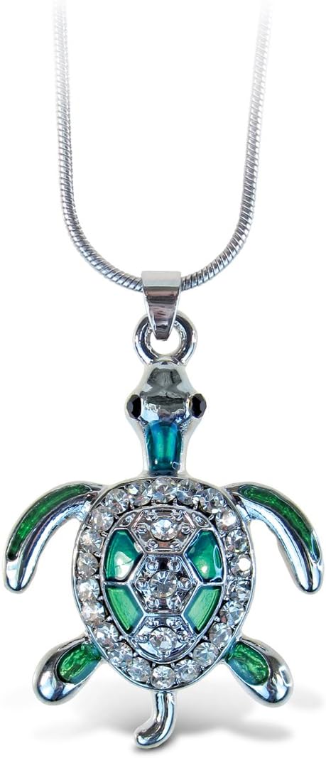 PuzzledGreen Sea Turtle Necklace, 18 Inch Fashionable & Elegant Silver Chain Jewelry with Rhinestone Studded Pendant for Casual Formal Attire Sea Life Themed Girls Teens Women Fashion Neck Accessory