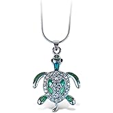Puzzled Green Sea Turtle Necklace, 18 Inch Fashionable & Elegant Silver Chain Jewelry with Rhinestone Studded Pendant For Teens and Women Fashion Accessory