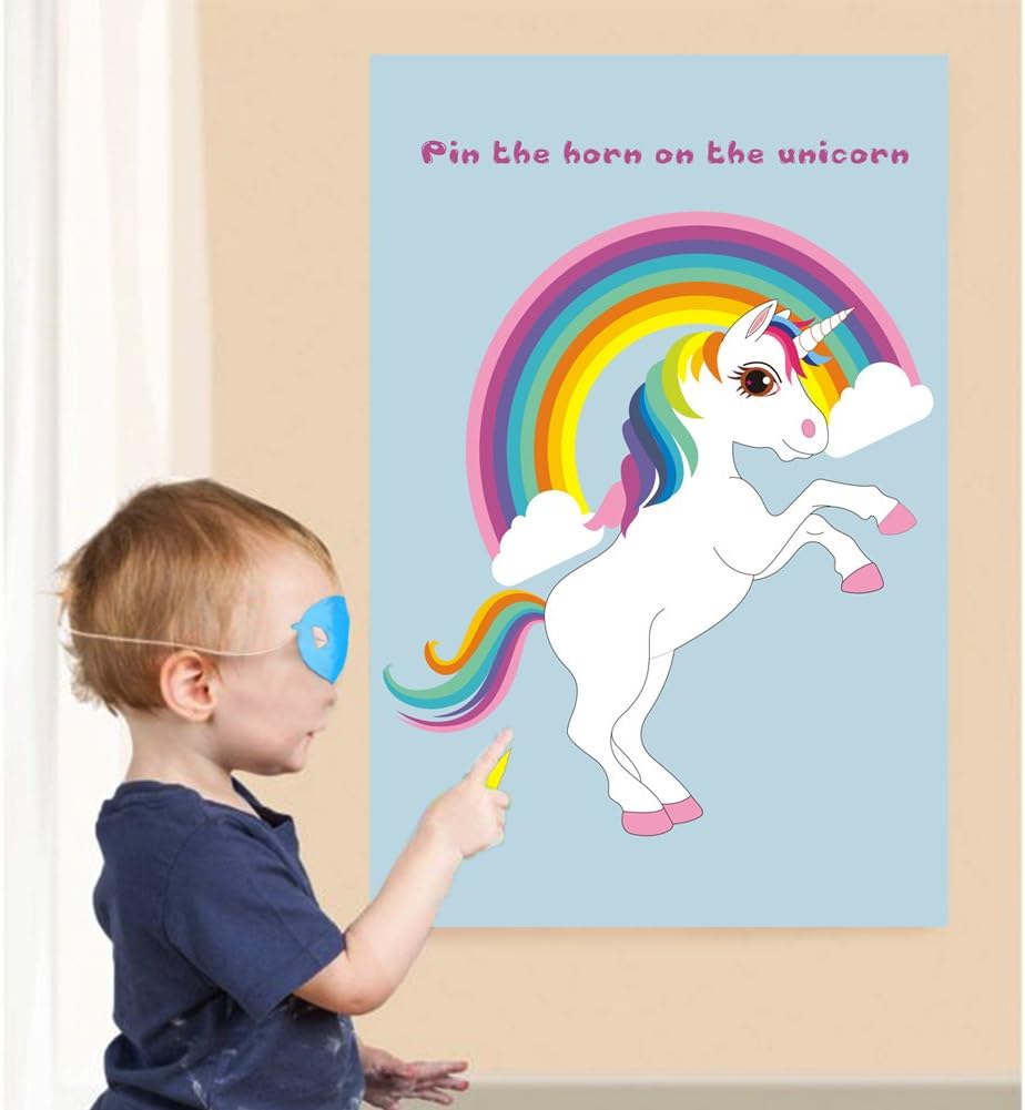 AerWo Large Pin The Horn on the Unicorn Party Game, Rainbow Unicorn Party Games with 24 Sticker Horns and Eye Mask for Kids Birthday Party Decorations, Unicorn Party Supplies