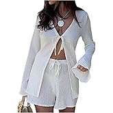 SweatyRocks Women's 2 Piece Bell Sleeve Tie Front Blouse and Shorts Set Vacation Outfits
