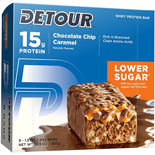 Detour Lower Sugar Whey Protein Bar, Chocolate Chip Caramel, 1.5 Ounce (Pack of 9)
