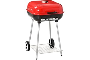 Outsunny Charcoal BBQ Grill, Portable Kettle Barbecue Smoker with Lid, Wheels, Storage Rack, Red