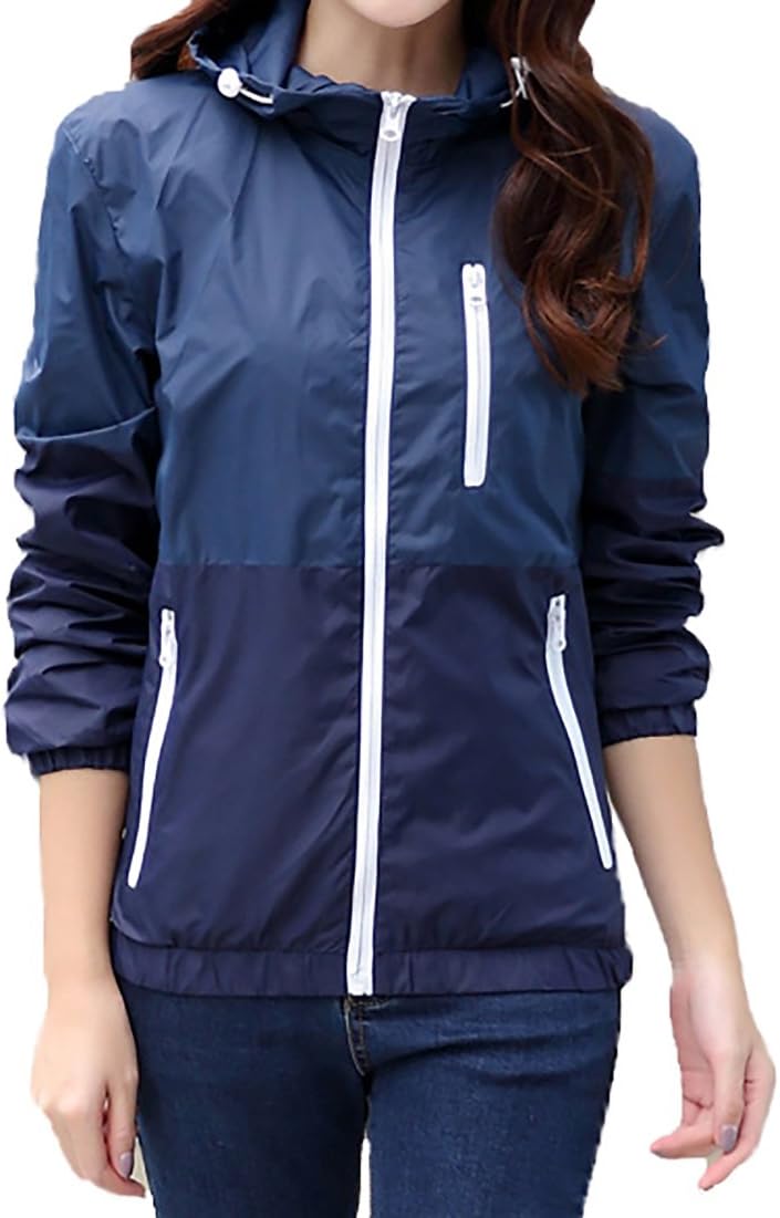 Miouke Womens Lightweight Windbreakers Sun Protection Outdoor Hooded Sports Outwear Quick Dry Jacket Lovers Coat,Dark Blue,US Size XS(Tag Size M)