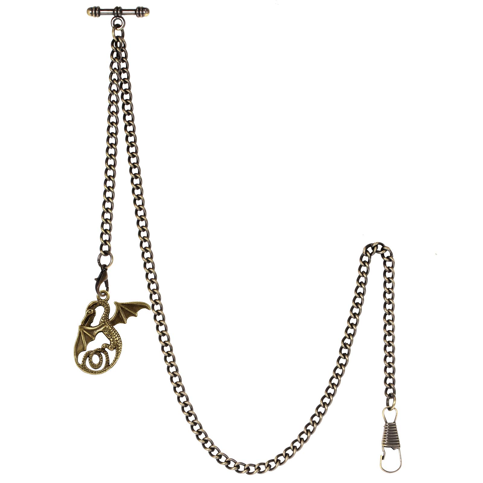 TREEWETO Pocket Watch Chain with T Bar End Albert T-Bar Pocket Watch Chain with Antique Dragon Pendant and 2 Hooks for Vest Buttonhole Bronze