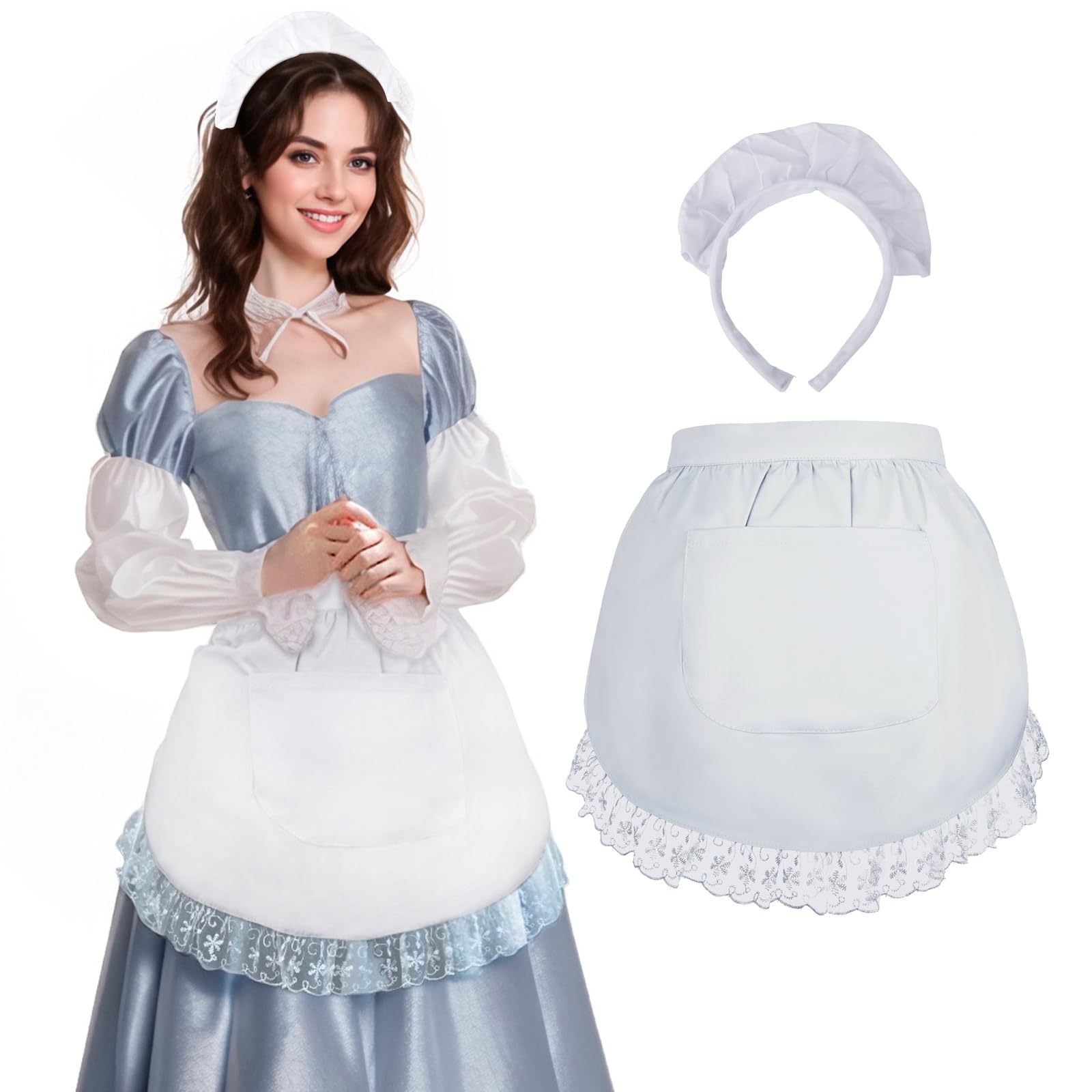 TOPTIE Lace Waist Apron White Maid Apron Headband Set Cotton Half Aprons with Pocket Dress Up Cosplay Costume