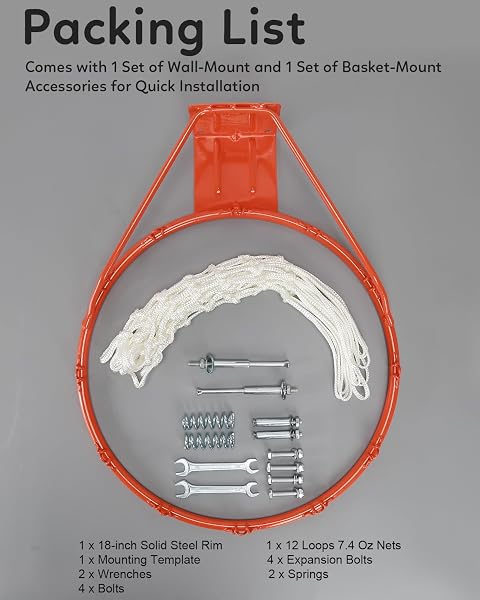 HEAVY DUTY REPLACEMENT BASKETBALL RIM – 18″ SOLID STEEL WITH HEAVY-DUTY NET, PRO-GRADE BASKETBALL HOOP RIM, WALL-MOUNT & HOOP REPLACEMENT, DOUBLE SPRING BASKETBALL HOOP RIM & COMPLETE INSTALLATION KIT