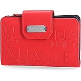 Nautica Womens, Close Reach Vegan Leather RFID Wallet, Small Credit Card Holder Purse with Zipper Coin Pocket and ID Window in Red Embossed