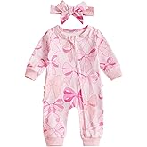 Qiylii Baby Girl Tie Bow Zip-Up Pajamas Romper One-Piece Footies Jumpsuit Sleeper Ruffle Onesie Infant Sleepwear Headband