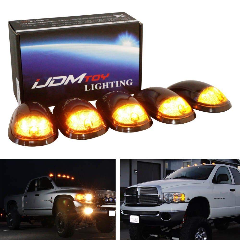 Xotic Tech 5pc Smoked Lens LED Cab Roof Clearance Lights For Ram 1500 2500 3500 - White LED, Dark Smoke Finish