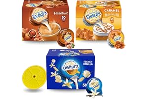 International Delight Coffee Creamers Liquid Non-Dairy Creamer Singles Variety Pack, Caramel Macchiato, French Vanilla, & Hazelnut - Box Of 150 | Includes Trademarked NromBox® on the Barbell Coasters