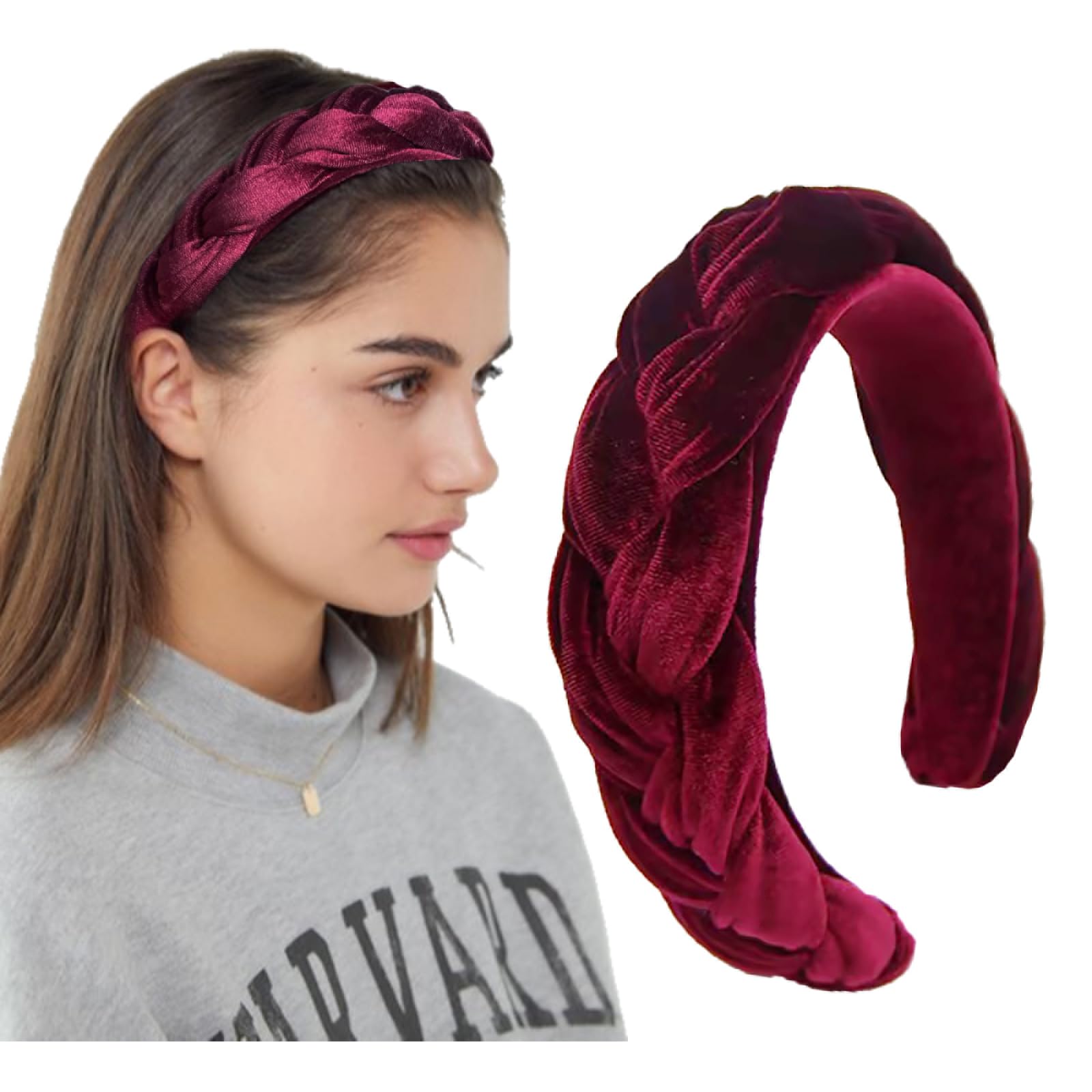 LEBENSWERT Velvet Braided Headband Women's Costume Headband Wide Vintage Hair Band Fashion Headbands for Women (Wine Red)
