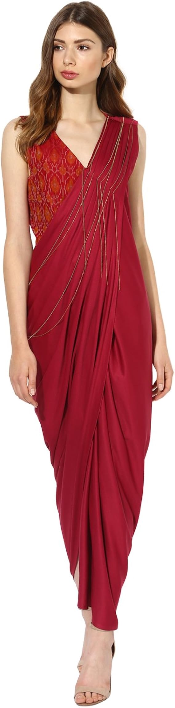 Buy E18 Women S Ikat Poly Knit One Piece Saree Gown Red Medium At Amazon In