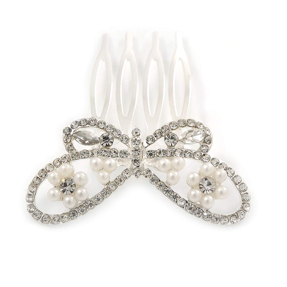 Small Bridal/Wedding/Prom/Party Rhodium Plated Clear Crystal, Pearl Butterfly Hair Comb - 45mm