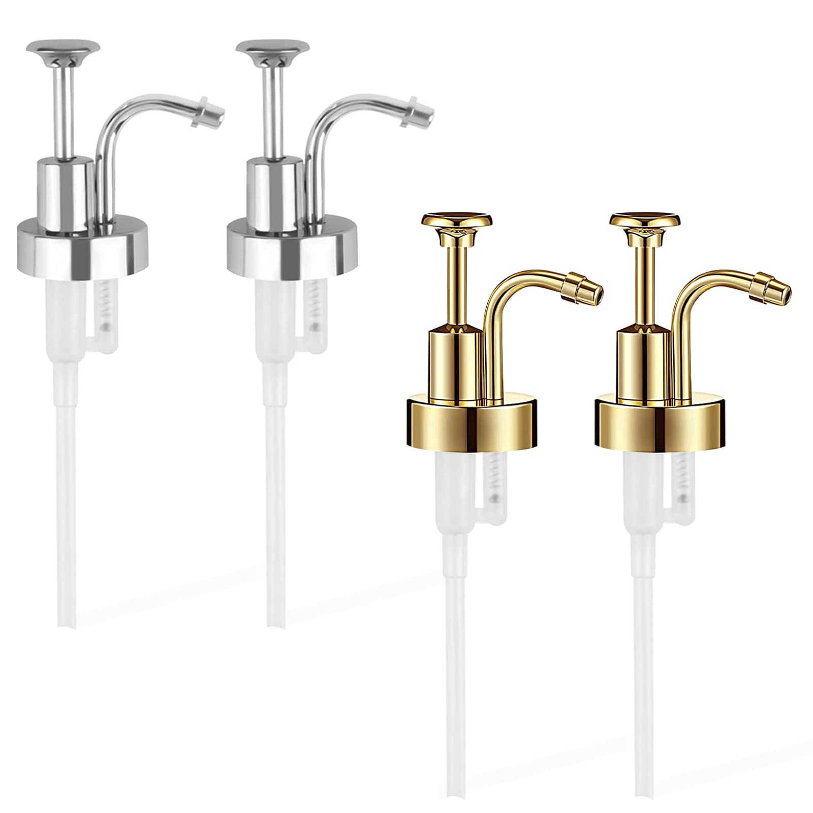 4 Pieces Coffee Syrup Pump, Skinny Syrup Pumps Fit Coffee Syrup Dispenser with 1.3" Dia, Bottle Pumps for Flavored Syrups Multiple Types of Bottles (Gold & Silver)