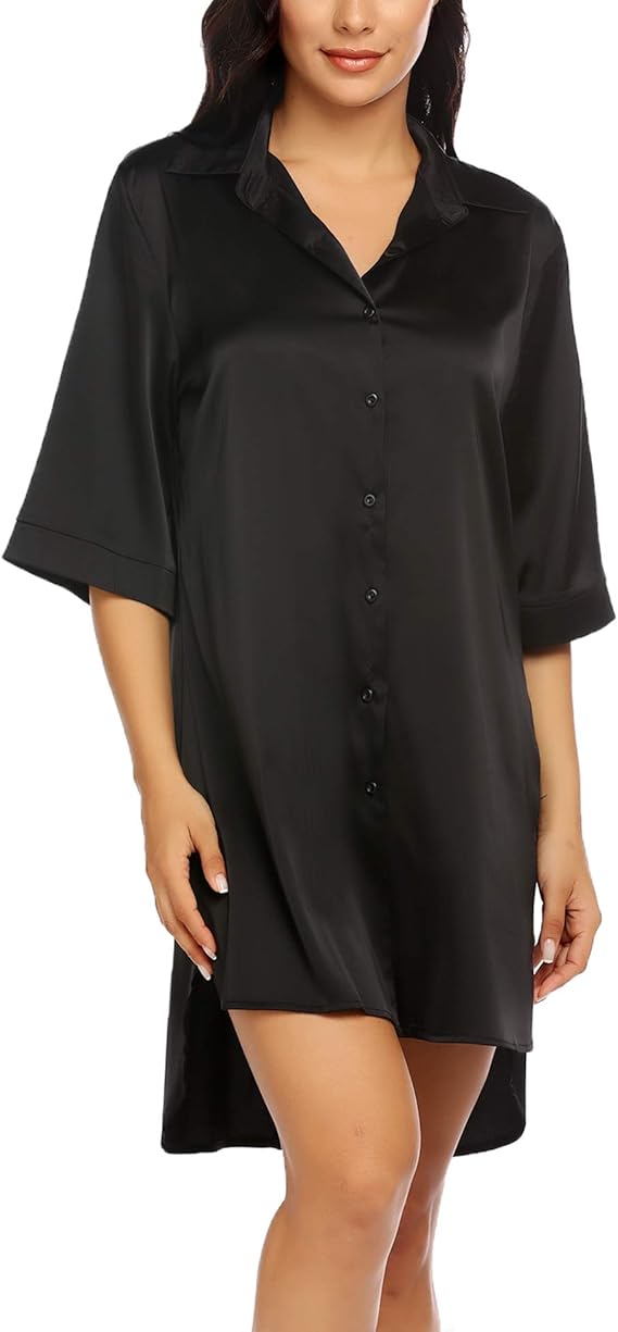 Ekouaer Satin Women's Nightdress Short 3/4 Sleeve Sleepwear with Deep V