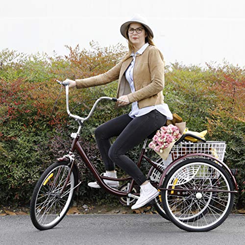 HIRAM Adult Tricycle with Rear Folding Basket, 24" Wheels Trike for Men and Women, Single Speed Large Cruiser Seat, Three Wheel Bike for Exercise, Recreation, Shopping, Back Seat and Bicycle Bell