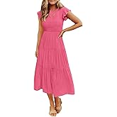 ZESICA Women's 2026 Summer Casual Flutter Short Sleeve Crew Neck Smocked Elastic Waist Tiered Midi Dress